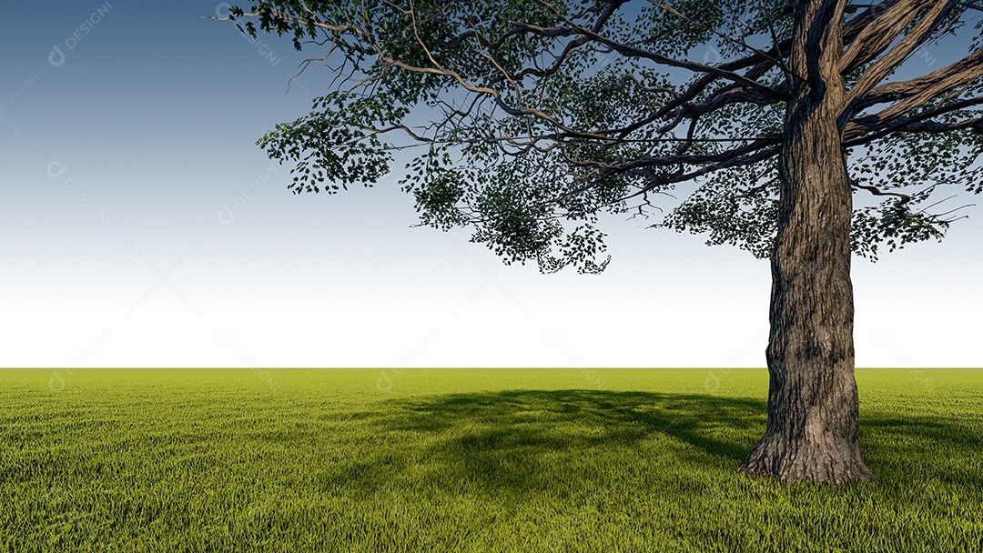 Uma imagem de renderização 3d de uma grande árvore colocada campo de grama.
