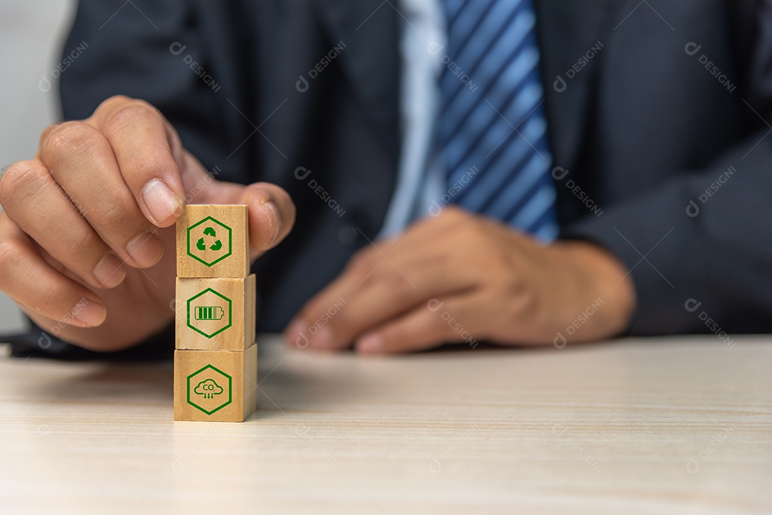 Bloco de cubo de madeira Esg Ambiental Social e Governança eco conceito de desenvolvimento sustentável da organização. Investimento e gestão da poluição para reduzir o aquecimento global.