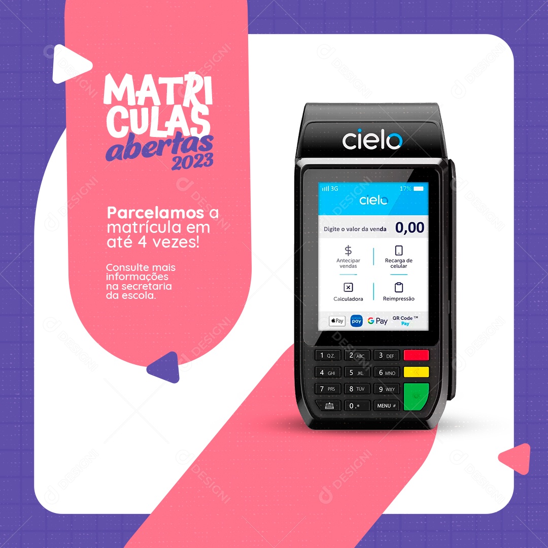 Social Media Escola Matrículas Abertas Parcelamos em 4 Vezes! PSD Editável
