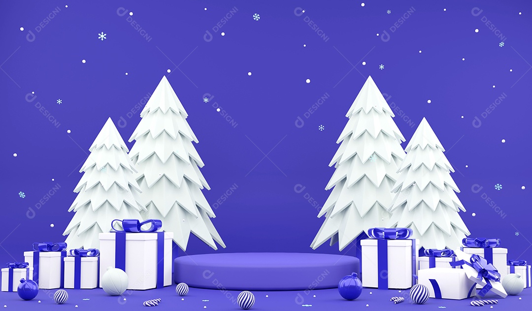 Enfeites de natal de renderização 3D e pódio azul, neve de ilustração 3d e fundo de floco de neve em fundo azul