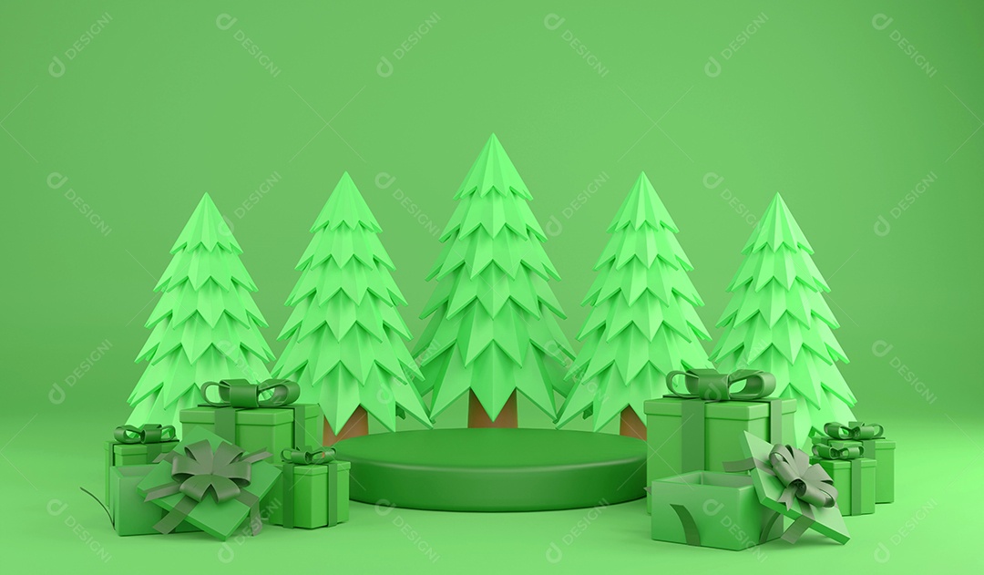 Enfeites de natal de renderização 3D e pódio verde sobre fundo verde, ilustração 3d natal verde monocromático