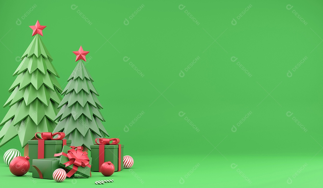 Enfeites de natal de renderização 3D e espaço para espaço de cópia em fundo verde, conceito de natal de ilustração 3d