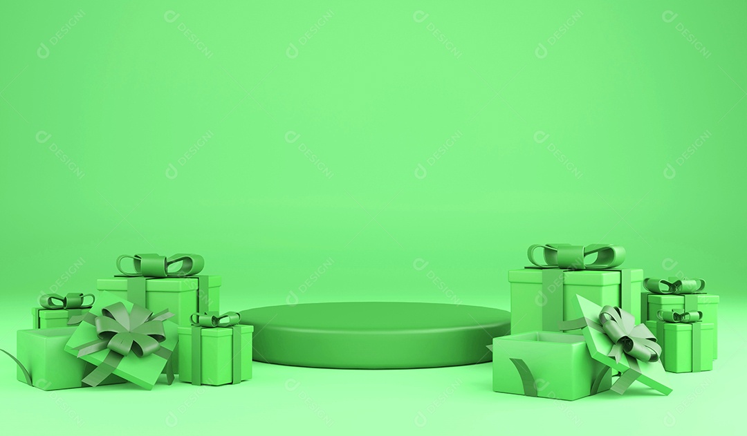 Renderização 3D presentes de natal e pódio verde sobre fundo verde