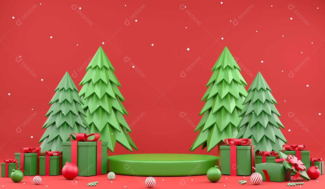 Pódio verde de renderização 3D e enfeites de natal, cenário de neve ilustração 3d em fundo vermelho
