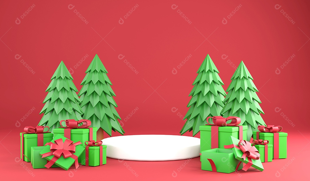 Renderização 3D feliz natal e pódio branco sobre fundo vermelho