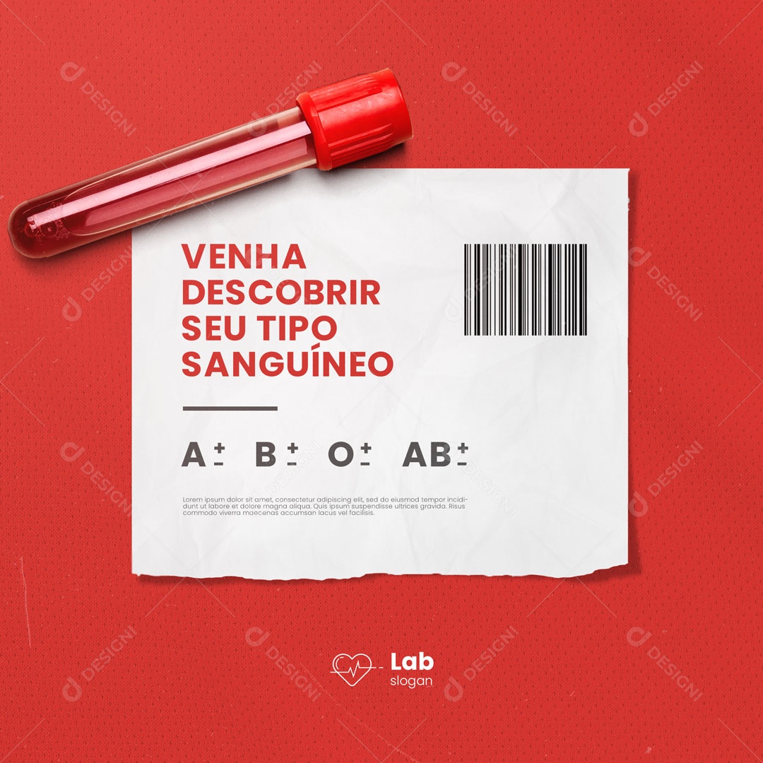 Laboratório de Análises Clínicas Venha Descobrir seu tipo Sanguíneo Social Media PSD Editável