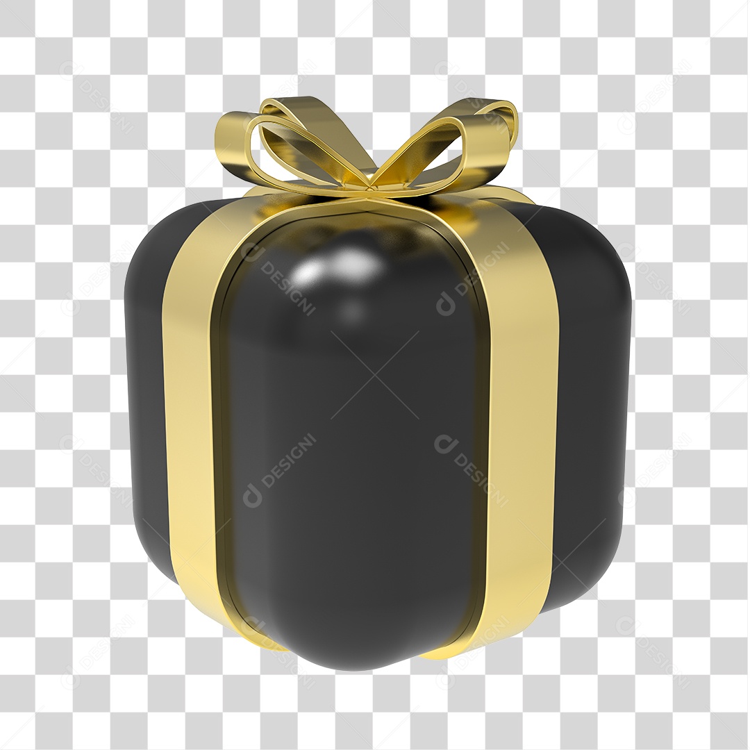 Elemento 3D Caixa de Presente Preto com Laço Dourado PNG Transparente Sem Fundo