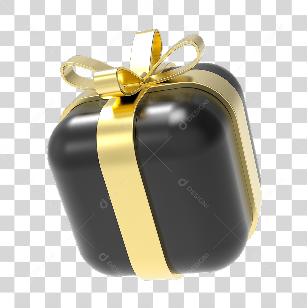 Elemento 3D Caixa de Presente Preto com Laço Dourado PNG Transparente Sem Fundo