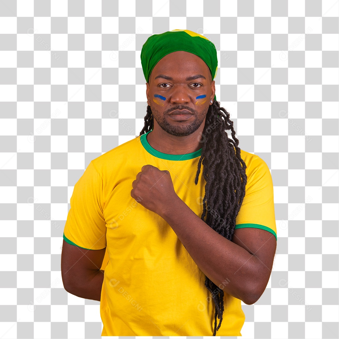 Homem brasileiro vestindo uma camiseta do Brasil com a mão sobre o peito honra e glória