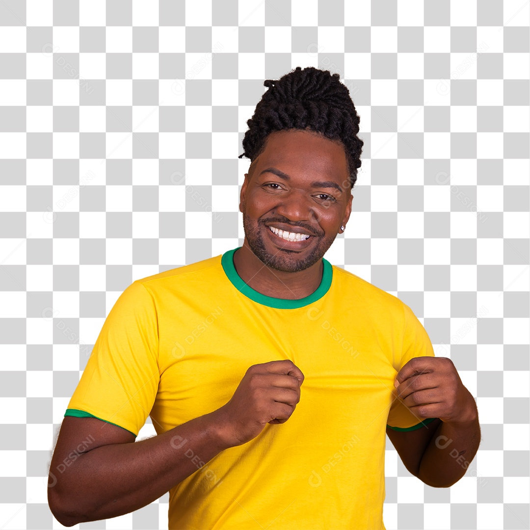 Homem brasileiro vestindo uma camiseta do Brasil fazendo gestos