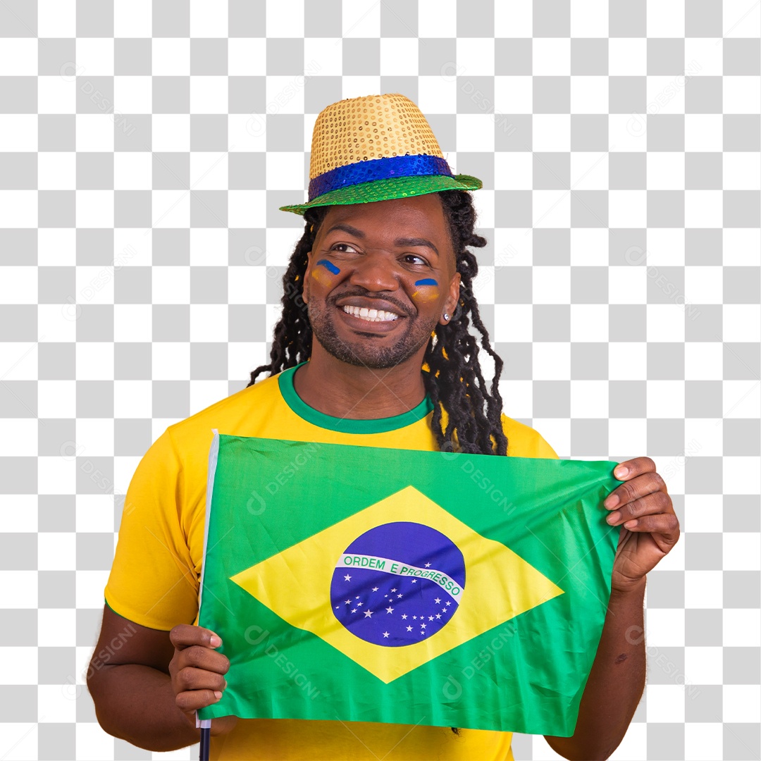 Homem brasileiro vestindo uma camiseta do Brasil segurando acessórios de torcida