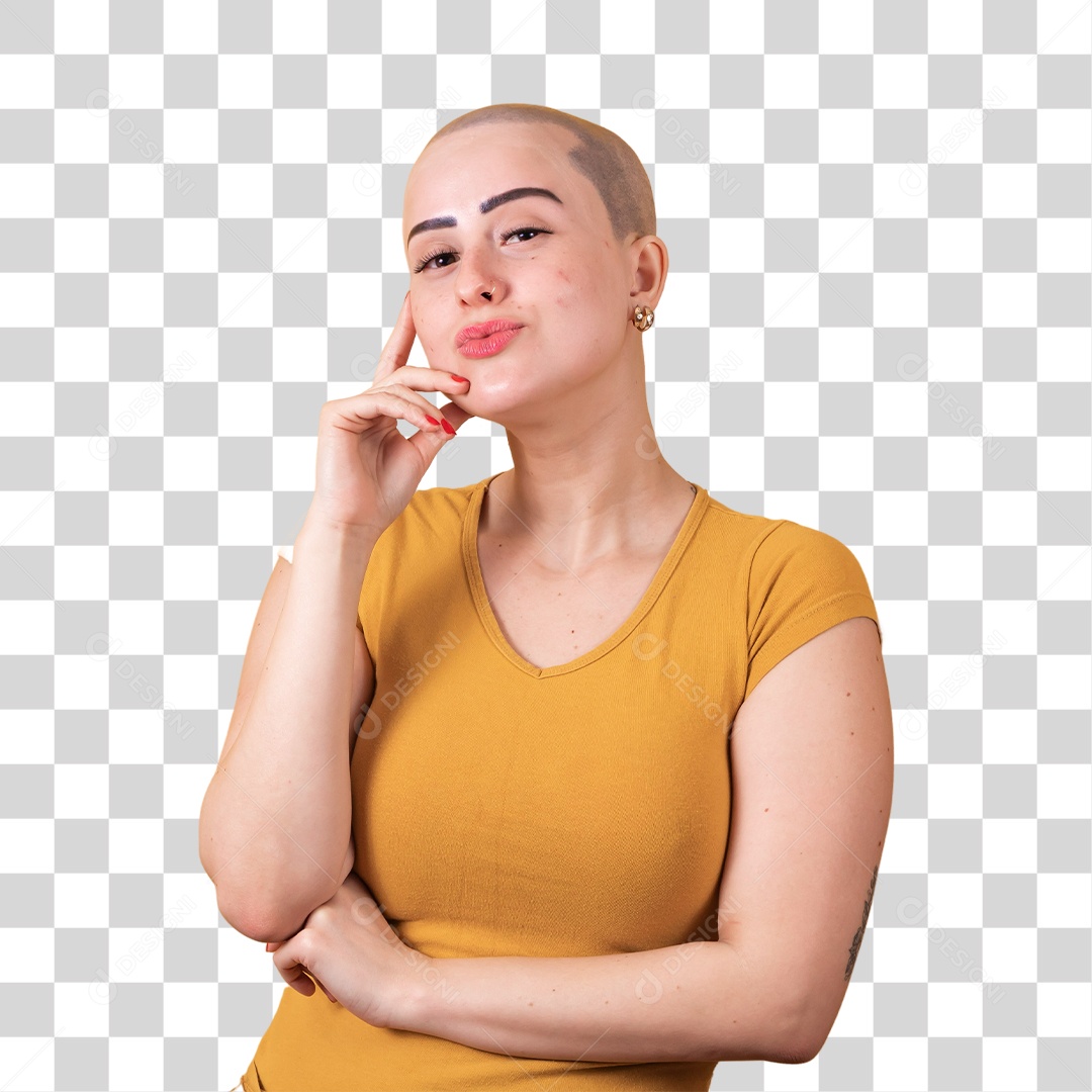 Linda mulher jovem careca, em conceito outubro rosa