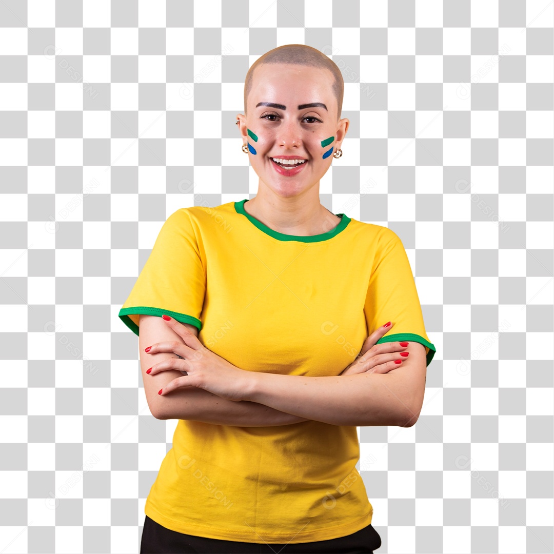 Linda mulher jovem careca, torcedora do Brasil, conceito outubro rosa