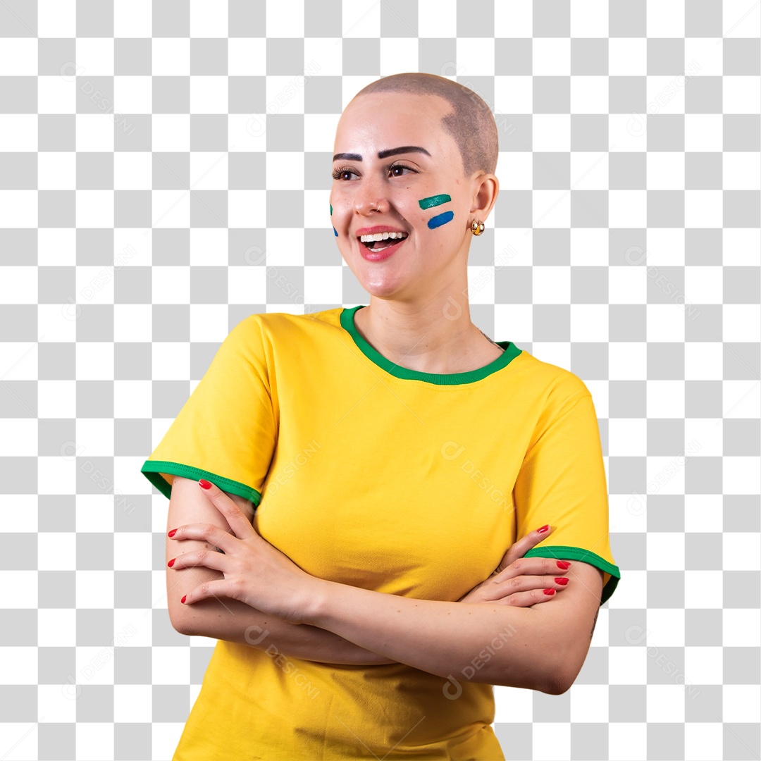 Linda mulher jovem careca, torcedora do Brasil, conceito outubro rosa