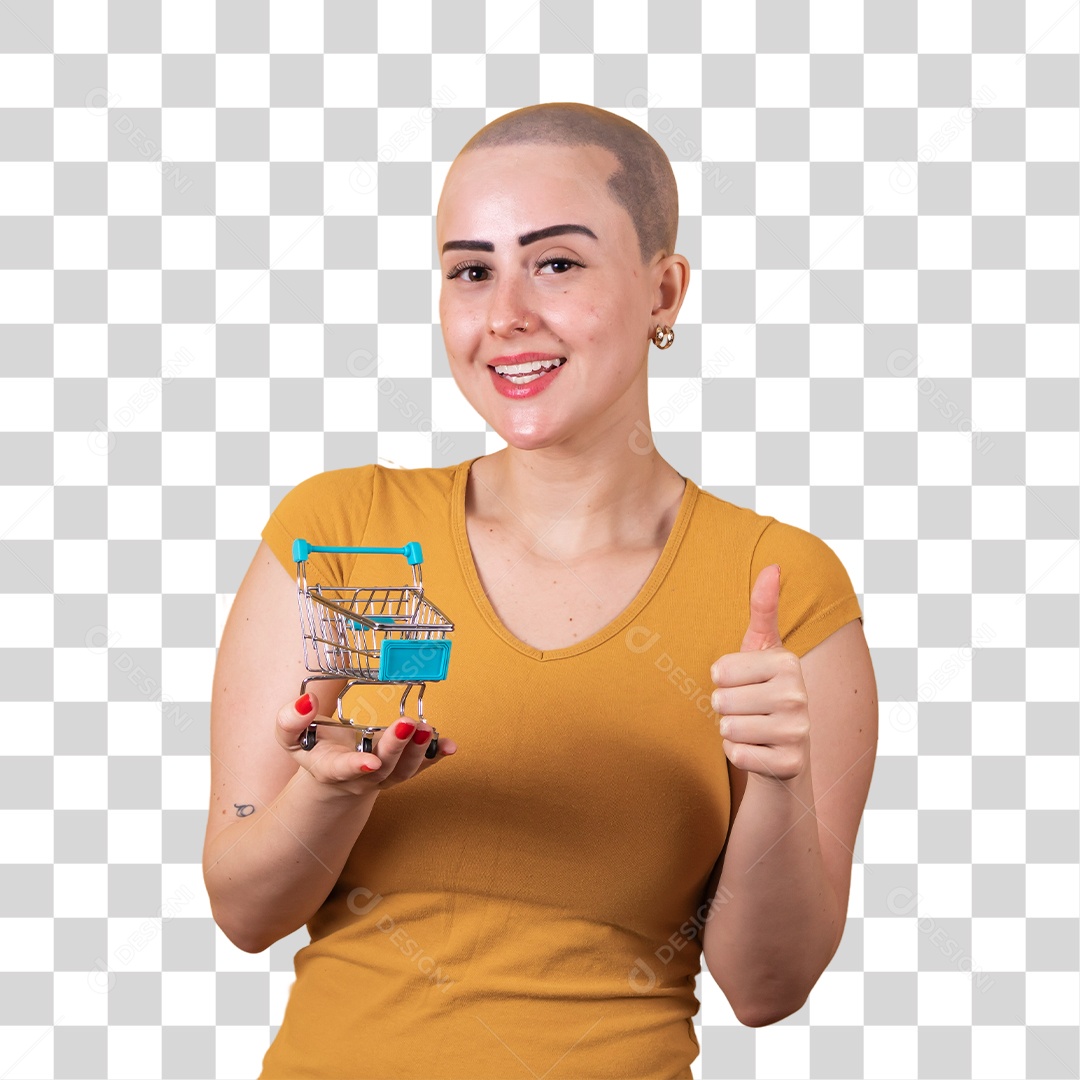 Linda mulher jovem careca segurando um carrinho de compras, conceito outubro rosa