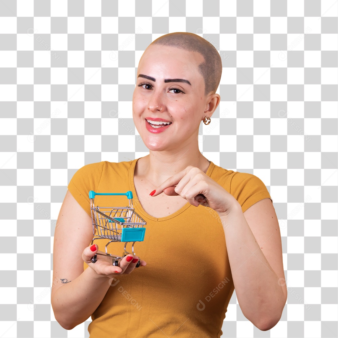 Linda mulher jovem careca segurando um carrinho de compras, conceito outubro rosa