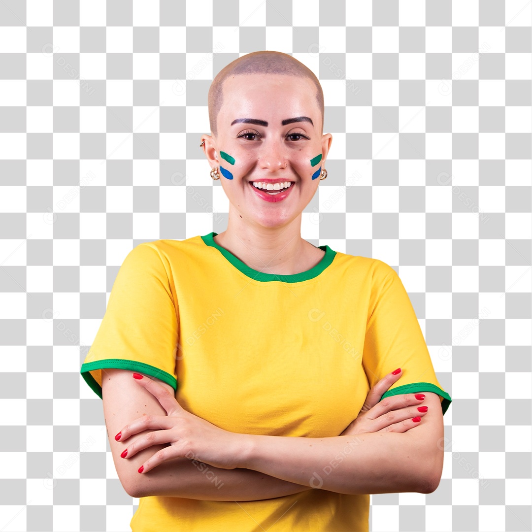 Linda mulher jovem careca usando camiseta do Brasil, torcedora do Brasileira, conceito outubro rosa