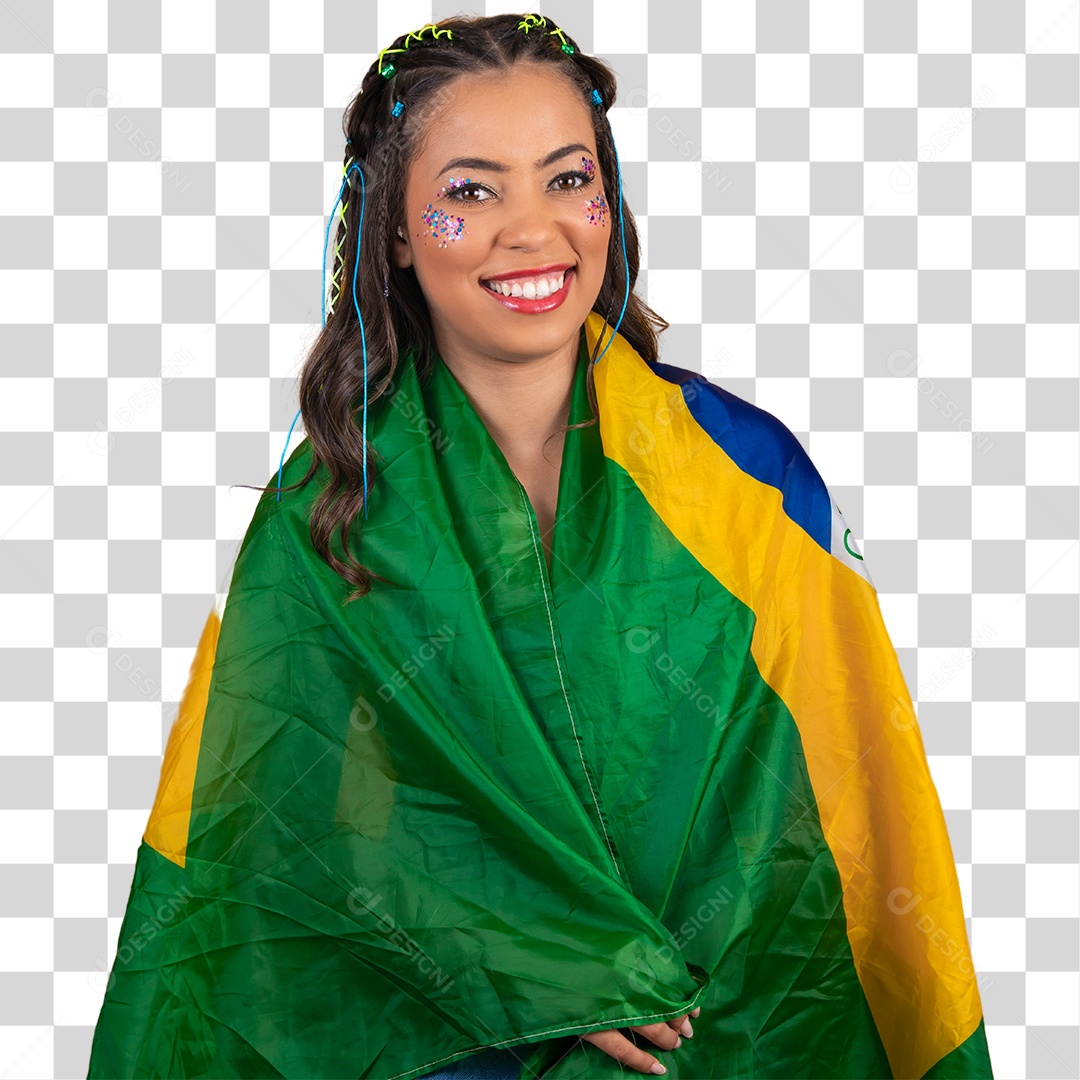 Linda mulher jovem com a bandeira do brasil nas suas costas