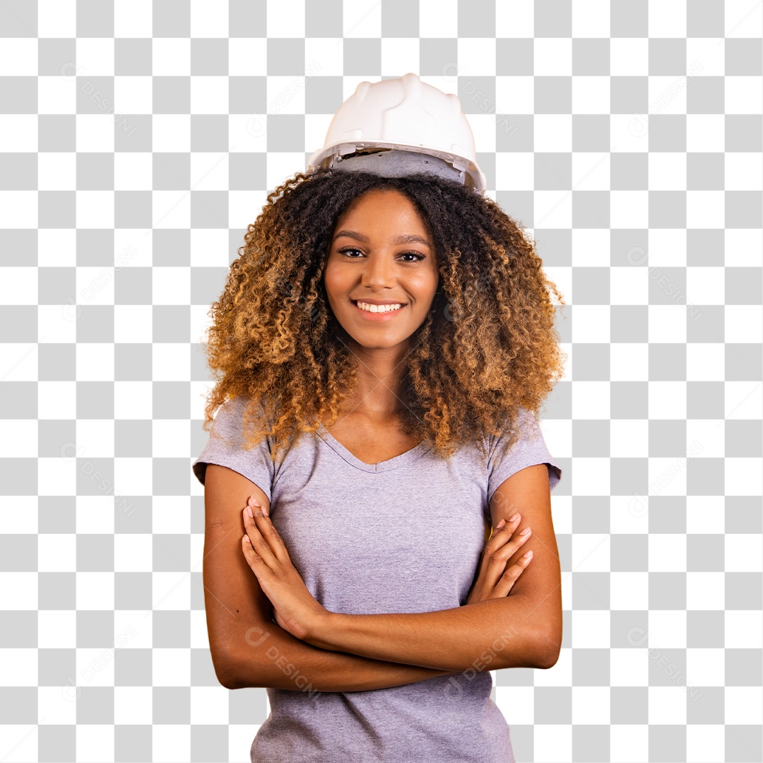 Linda mulher jovem garota cabelo cacheado engenheira usando capacete segurando projeto planta