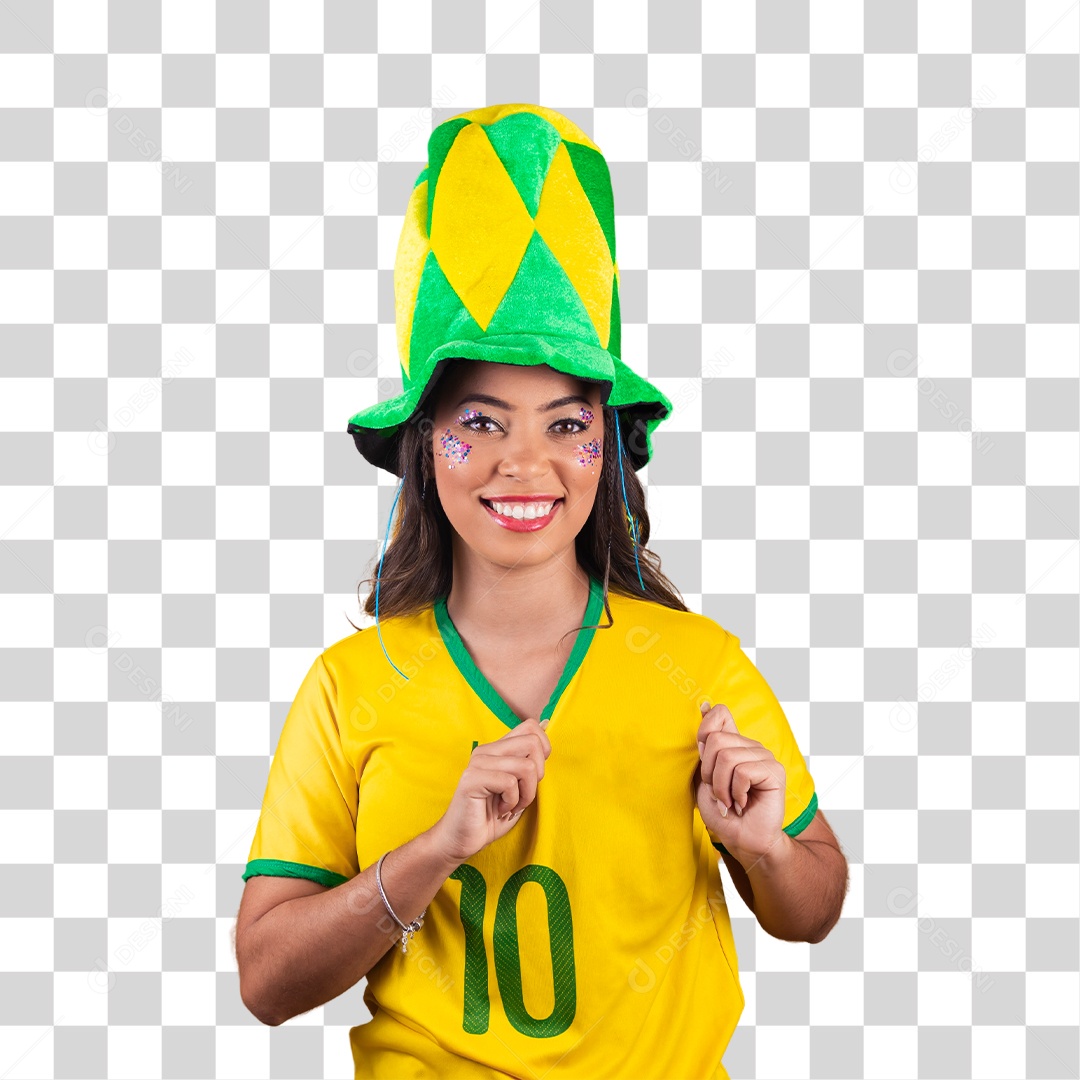 Linda mulher jovem usando camisa do Brasil, torcedora do Brasileira