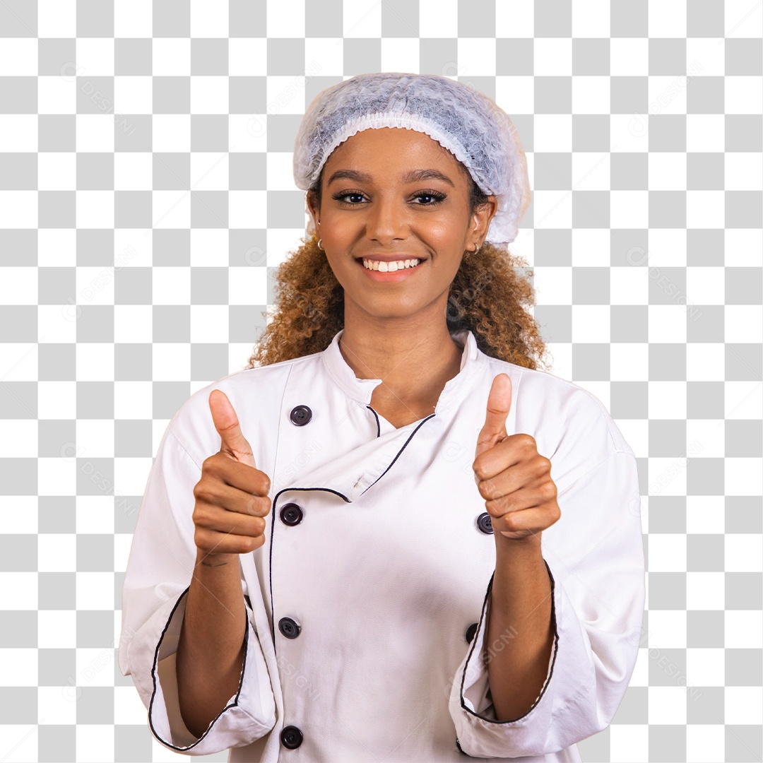 Mulher vestida como chefe de cozinha usando touca com os polegares para cima