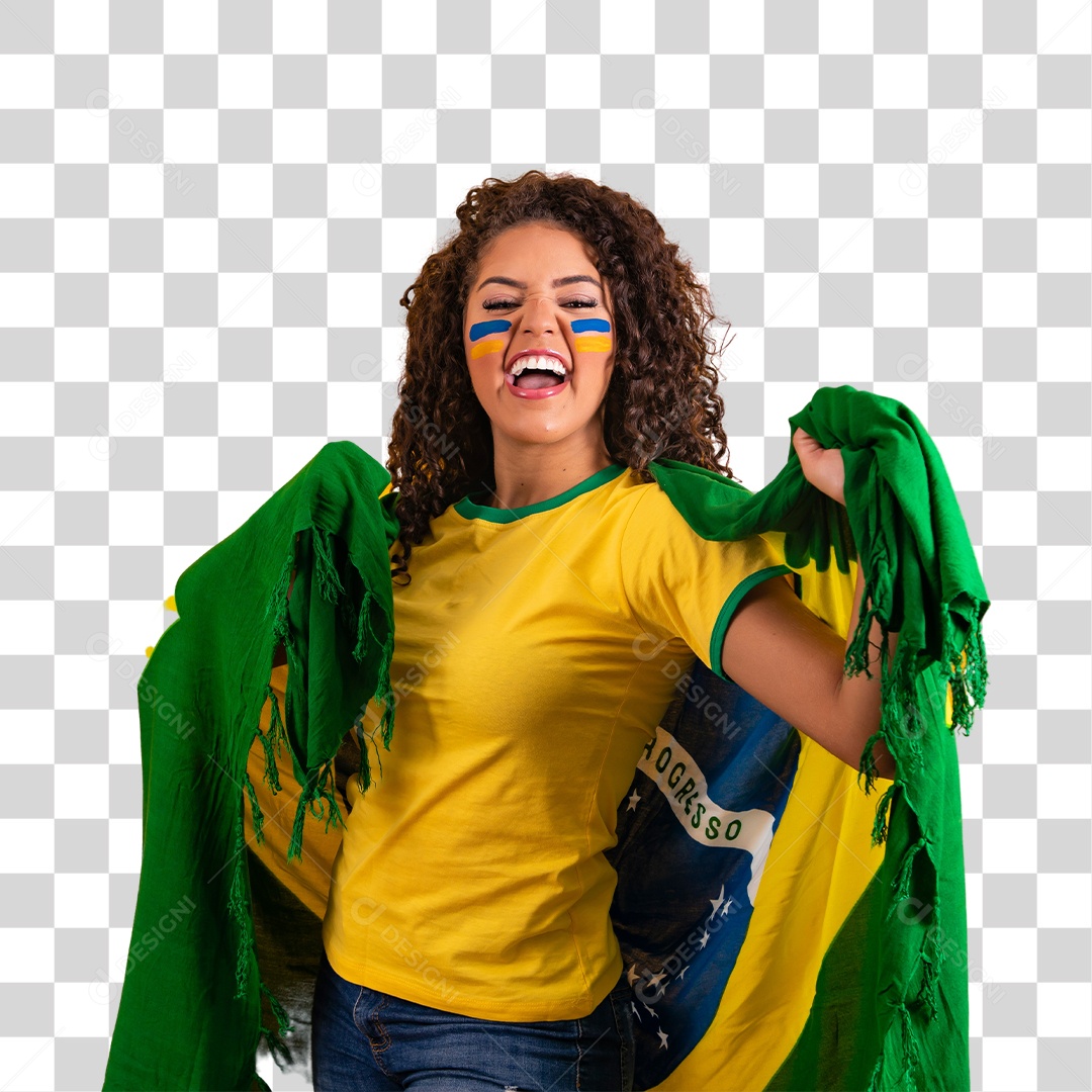 Linda mulher jovem morena segurando bandeira do brasil cabelo afro