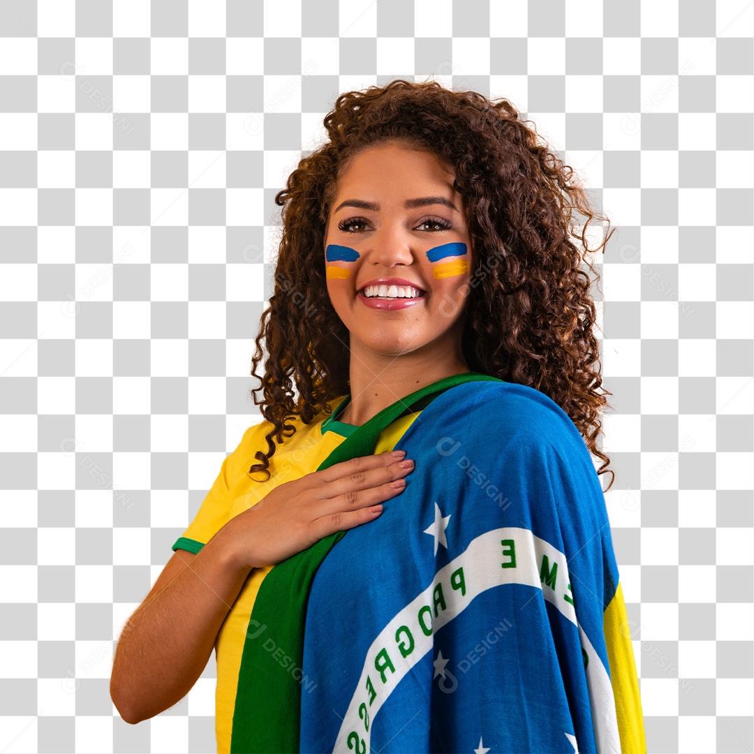 Linda mulher jovem morena com bandeira brasileira com a mão sobre o peito