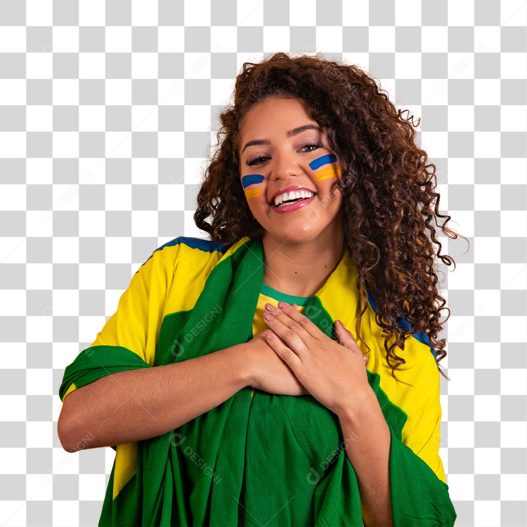 Linda mulher jovem morena com a bandeira do brasil com a mão sobre o peito honra e glória