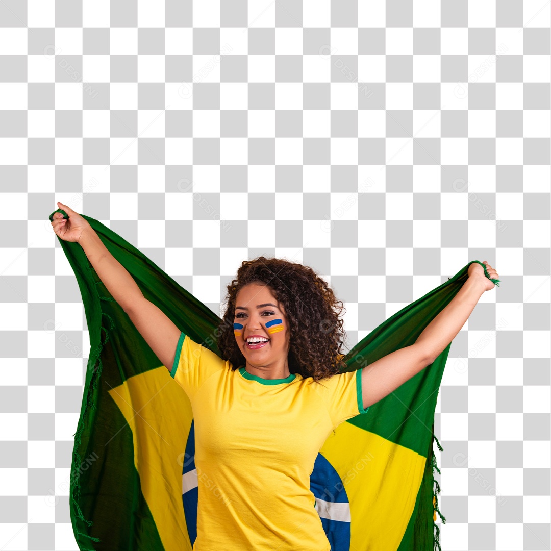 Linda mulher jovem morena segurando bandeira do brasil cabelo afro