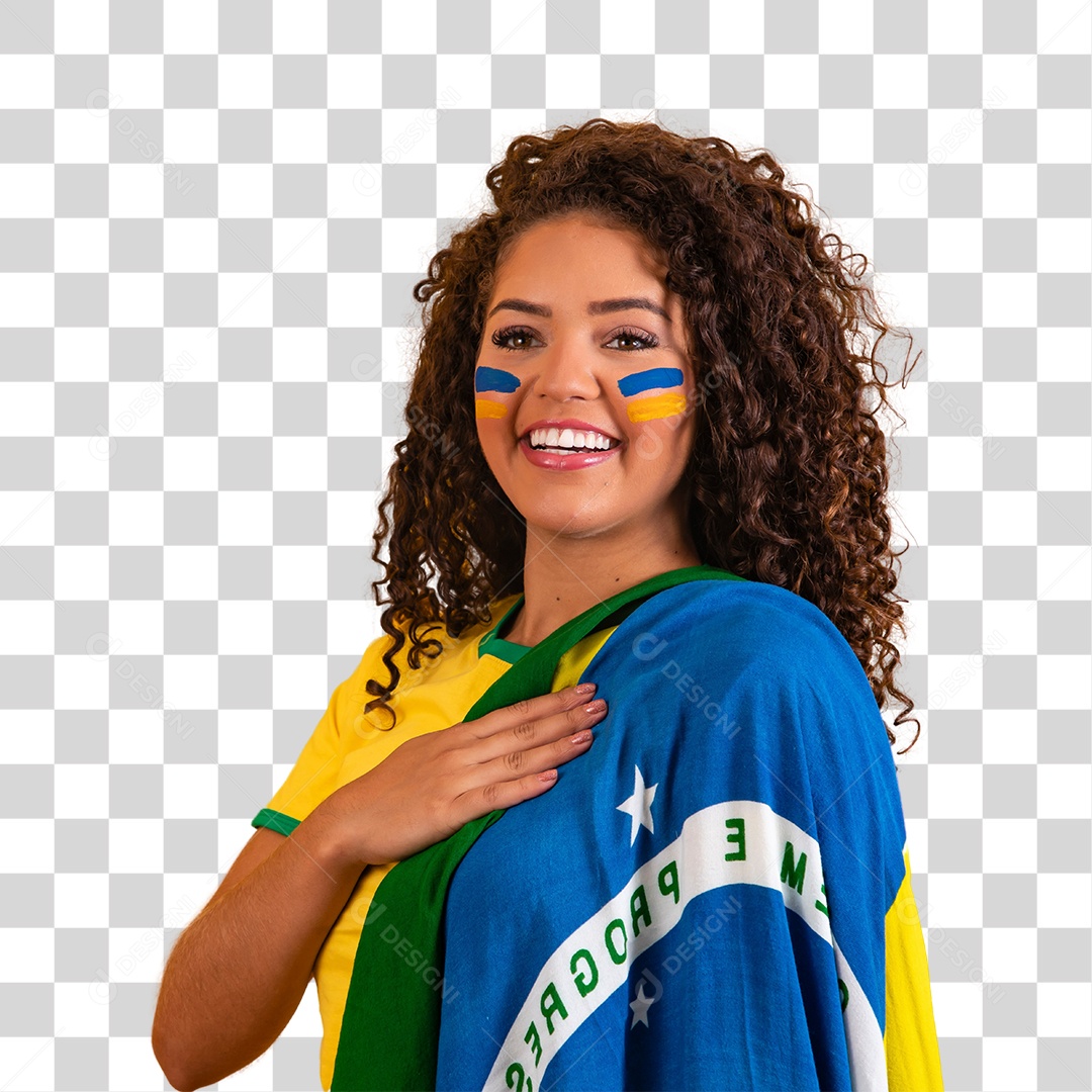 Linda mulher jovem morena segurando bandeira do brasil com a mão sobre o peito Honra e glória