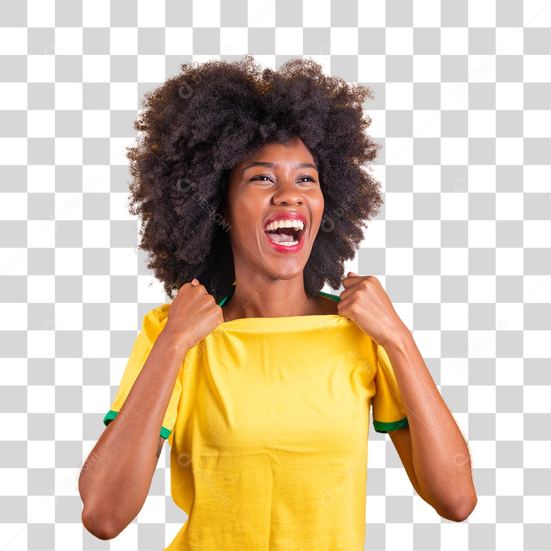 Jovem torcedora feliz e alegre torcendo pelo seu time brasileiro