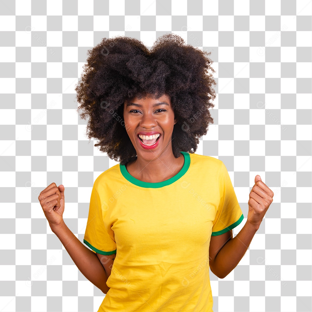 Jovem torcedora feliz e alegre torcendo pelo seu time brasileiro