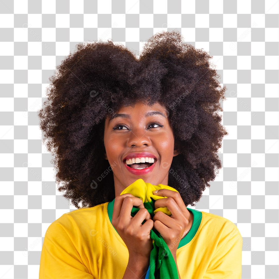 Linda mulher jovem morena segurando bandeira do brasil e torcendo para seu time