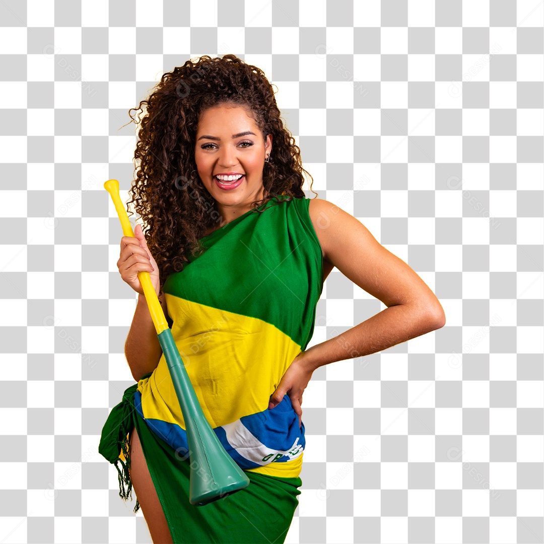Jovem mulher brasileira segurando vuvuzela vestida com a bandeira do brasil