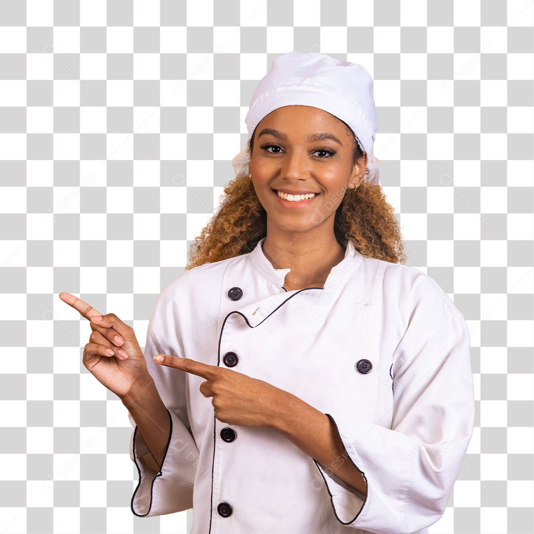 Mulher vestida como chefe de cozinha usando touca e apontando para o lado
