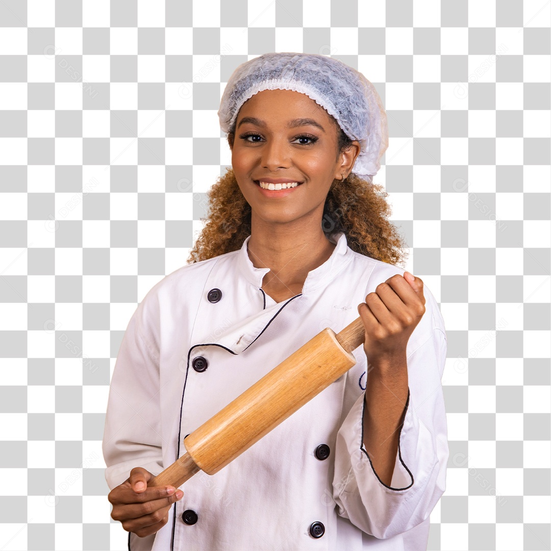 Mulher afro-brasileira usando roupa de chefe