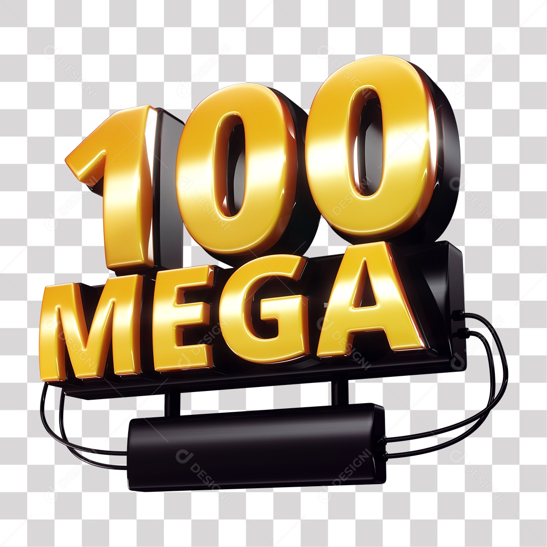 Selo 3D 100 Mega de Internet Dourado e Preto para Composição PNG Transparente