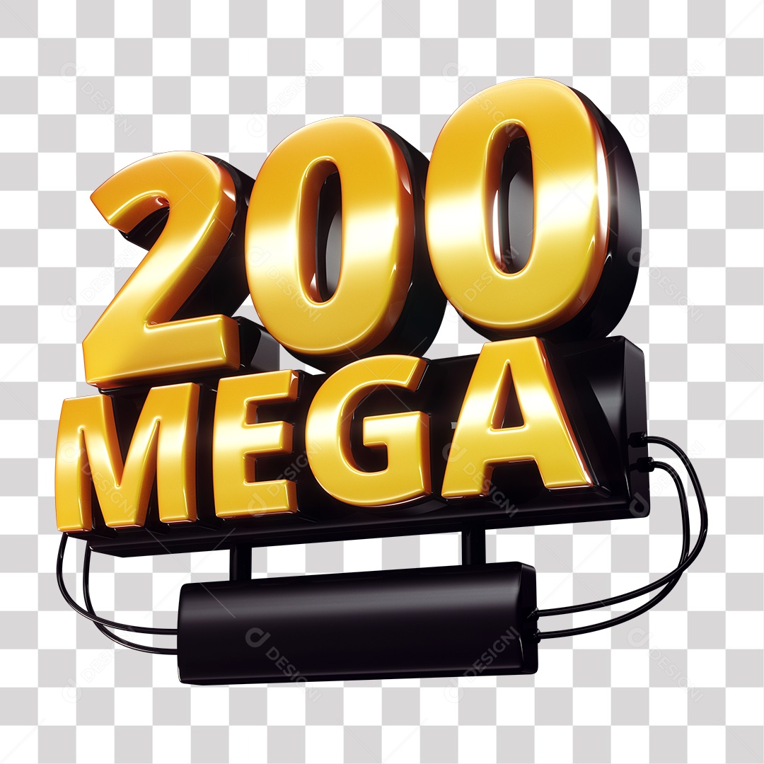 Selo 3D 200 Mega de Internet Dourado e Preto para Composição PNG Transparente