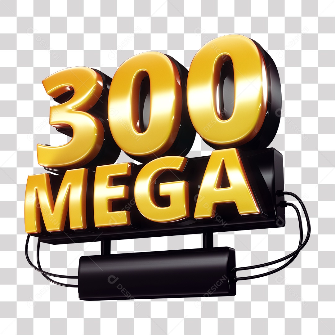 Selo 3D 300 Mega de Internet Dourado e Preto para Composição PNG Transparente