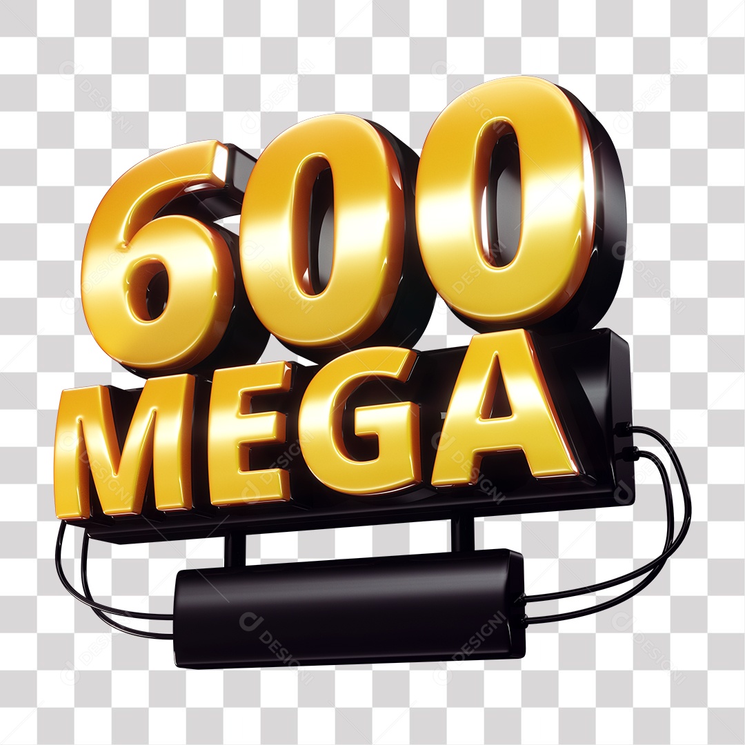 Selo 3D 600 Mega de Internet Dourado e Preto para Composição PNG Transparente