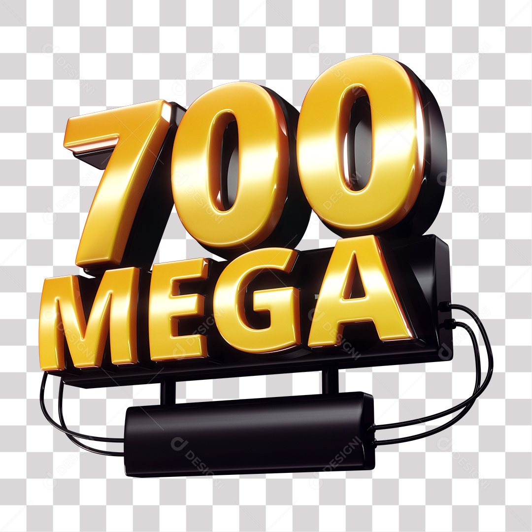 Selo 3D 700 Mega de Internet Dourado e Preto para Composição PNG Transparente