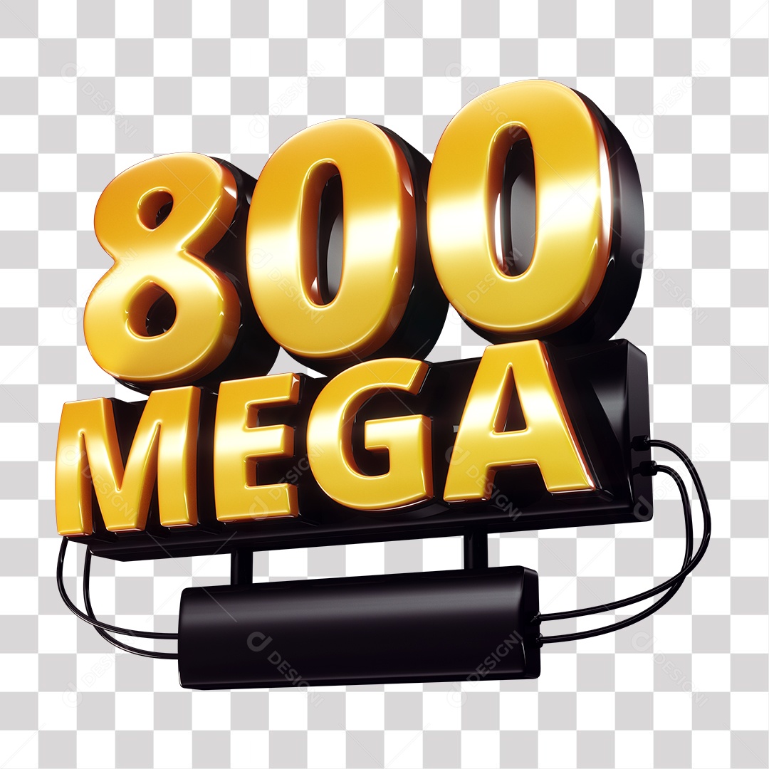 Selo 3D 800 Mega de Internet Dourado e Preto para Composição PNG Transparente