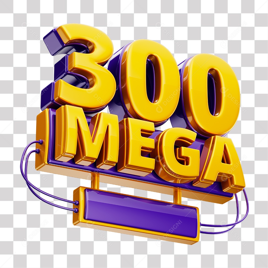 Selo 3D 300 Mega de Internet Dourado e Roxo para Composição PNG Transparente