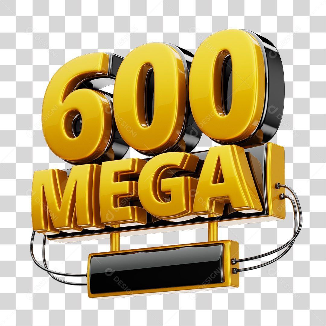 Selo 3D 600GB Fibra de Internet Dourado e Preto para Composição PNG Transparente