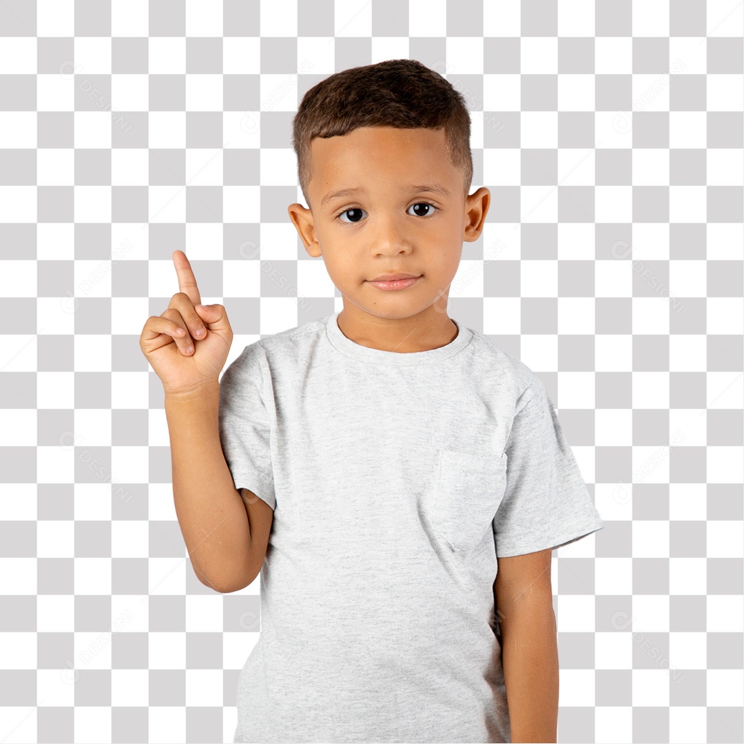 Menino de Camisa Cinza Apontando para Cima