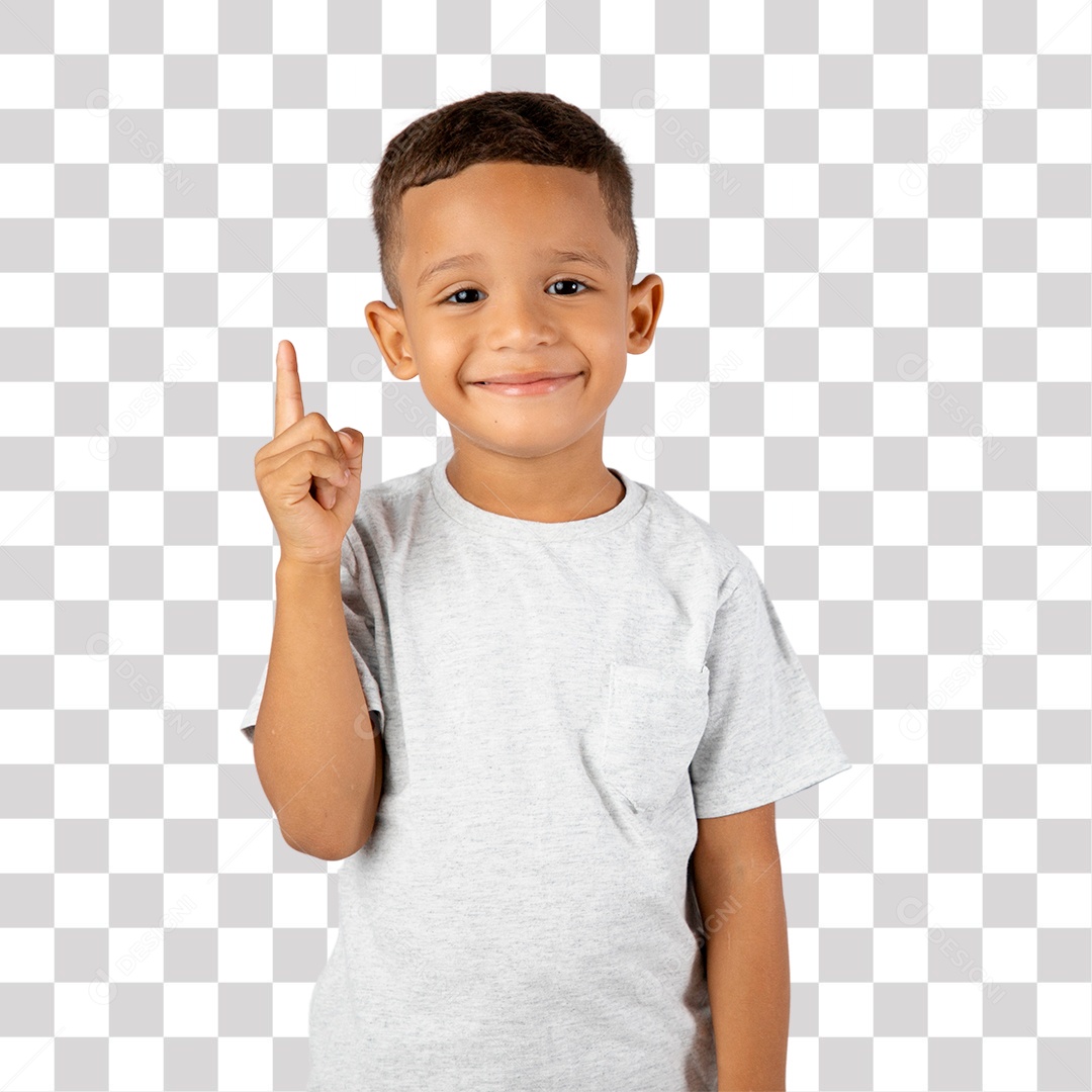 Menino de Camisa Cinza Feliz Apontando para Cima