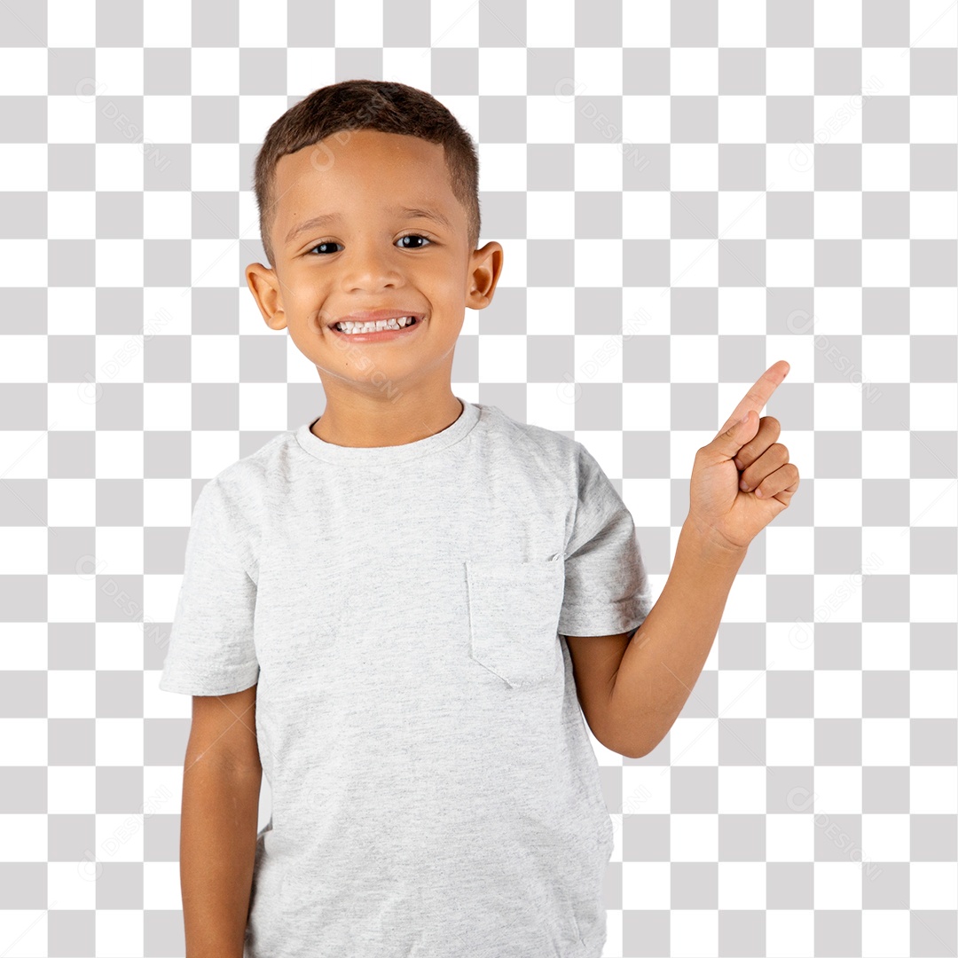 Menino de Camisa Cinza Apontando para Cima