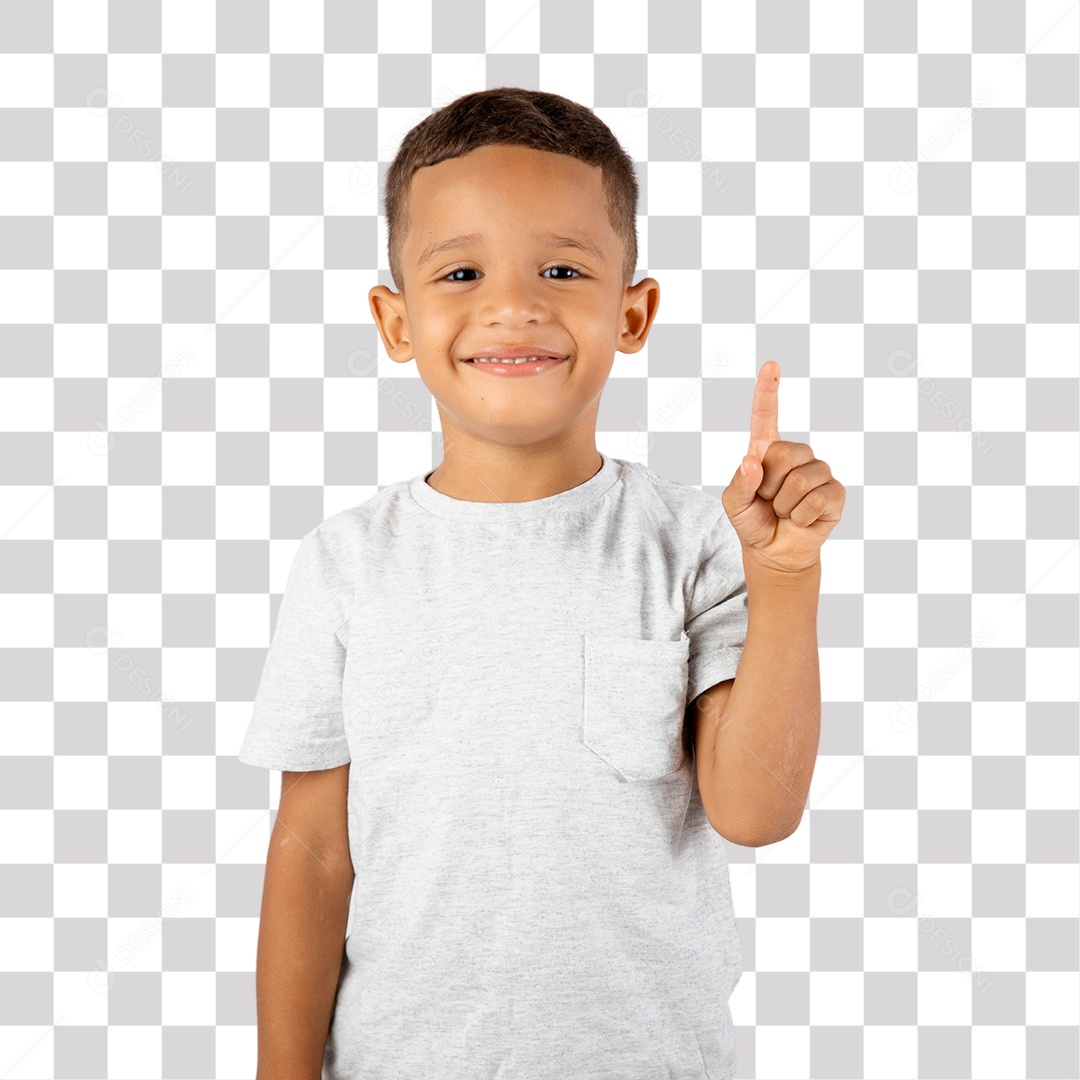 Menino de Camisa Cinza Apontando para Cima