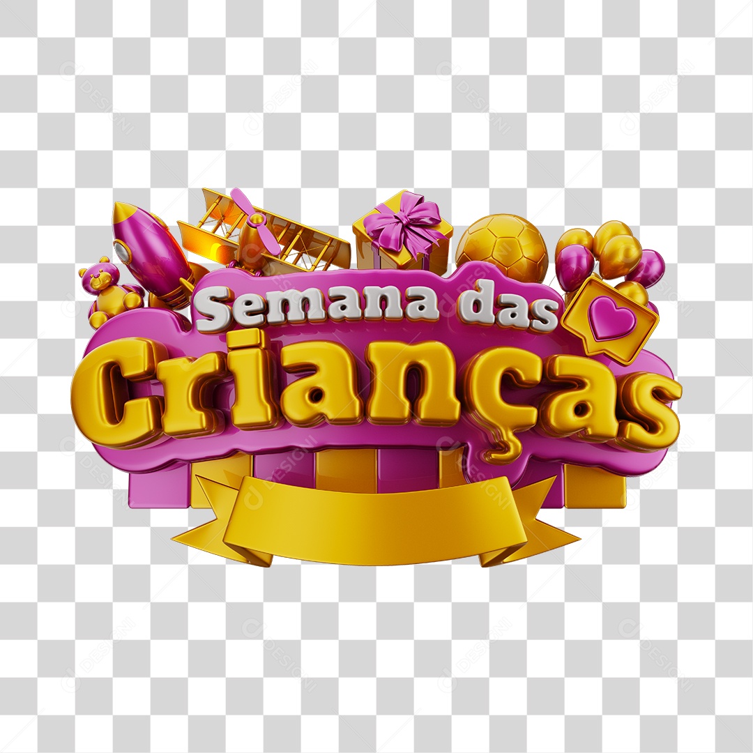 Semana Das Crianças Selo 3D Rosa Dourado e Branco Com Brinquedos Infantil PNG Transparente