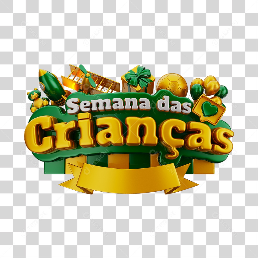 Semana Das Crianças Selo 3D Verde Dourado e Branco Com Brinquedos Infantil PNG Transparente